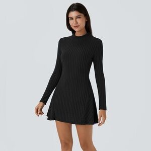 Halara Ribbed Knit Stand Collar Long Sleeve Mini Casual Dress Large Black NWT